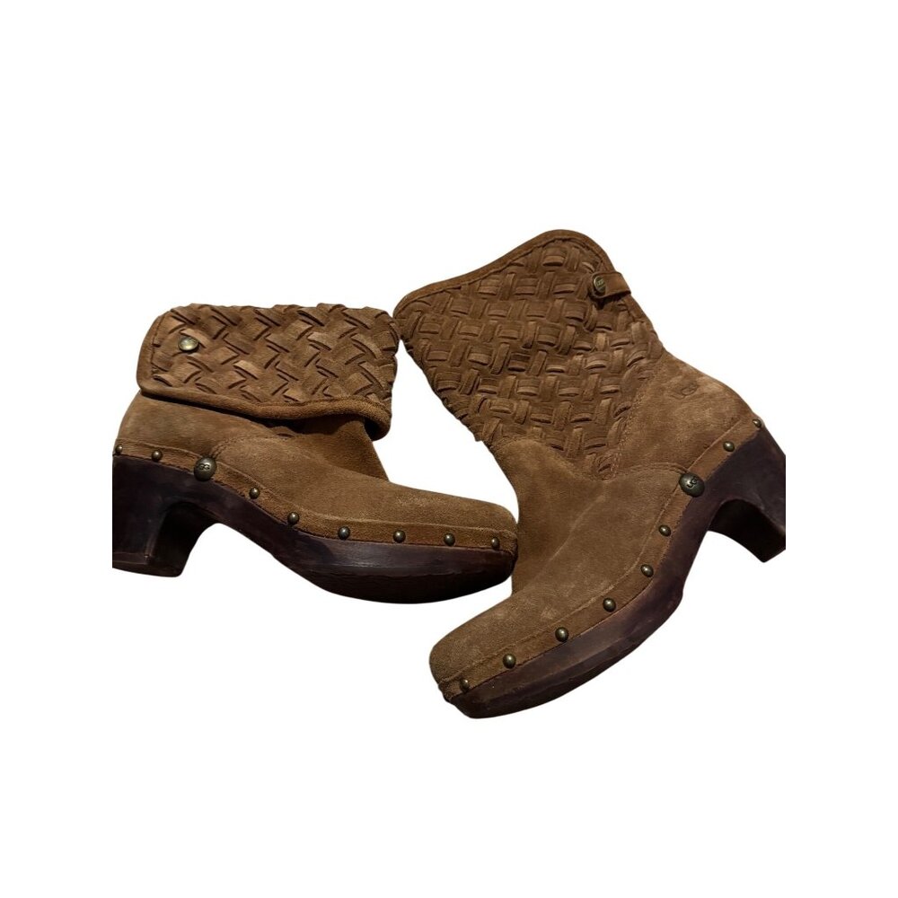 UGG Sheepskin Tan Braided Heeled Booties Foldover Size 9 Leather